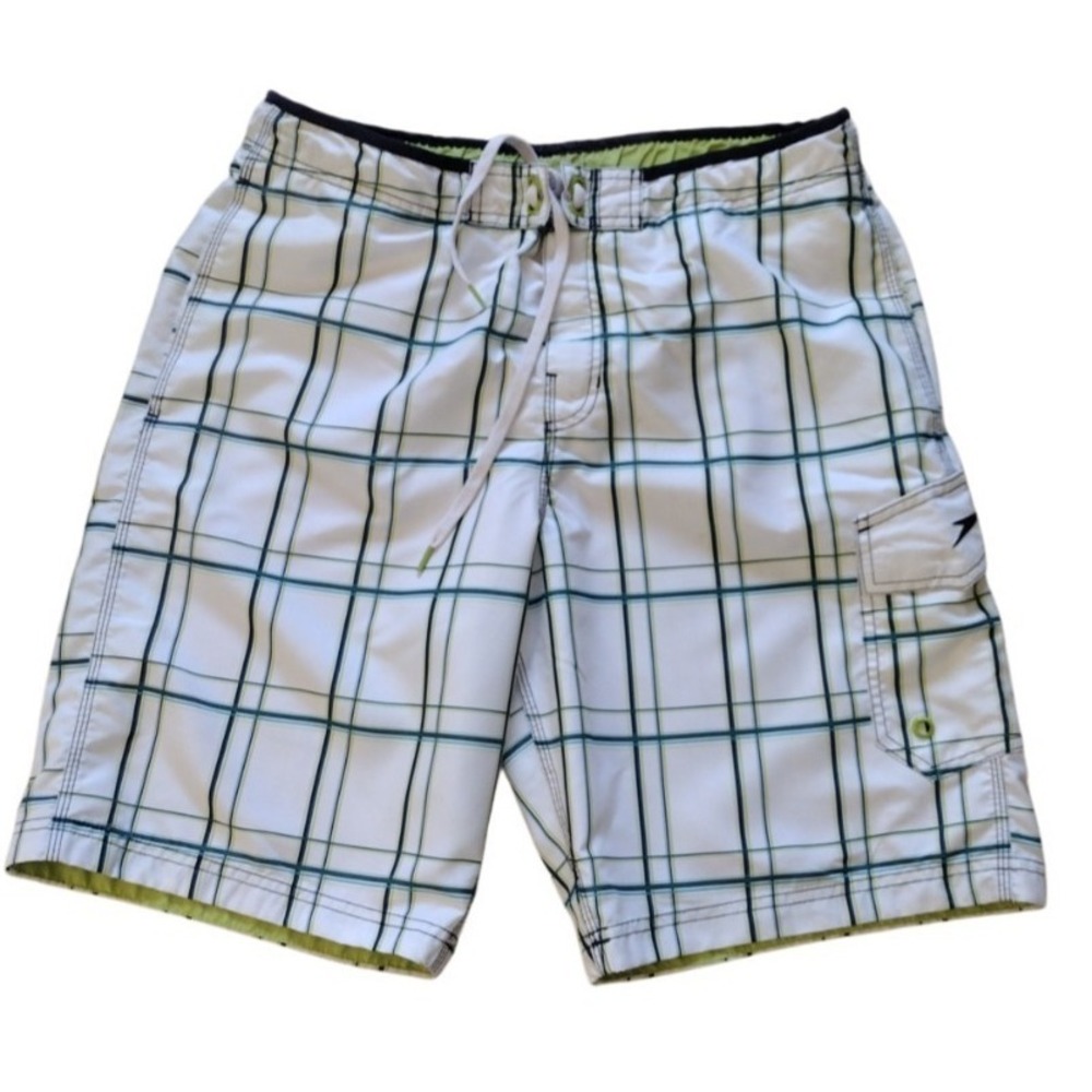 Speedo Swim Trunks Man Medium White Blue Green Plaid Boardshorts Mesh Lined Pool